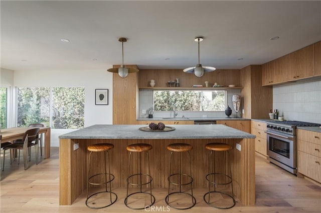 kitchen featuring light wood finished floors, tasteful backsplash, appliances with stainless steel finishes, and a center island