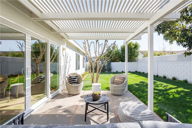 view of patio / terrace featuring a fenced backyard and a pergola