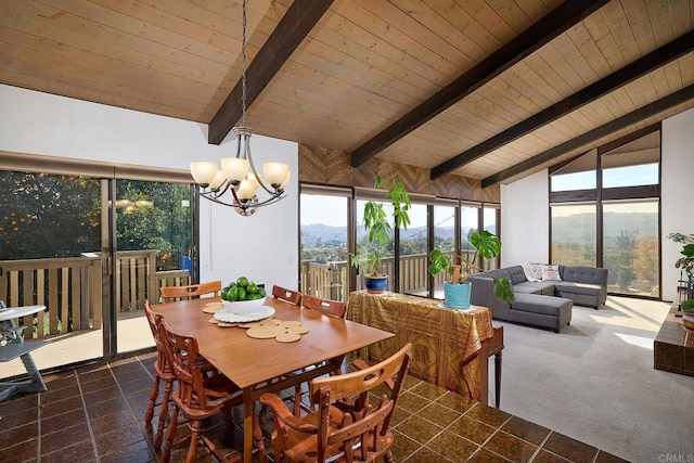 dining area with lofted ceiling with beams, dark colored carpet, wooden ceiling, and a chandelier