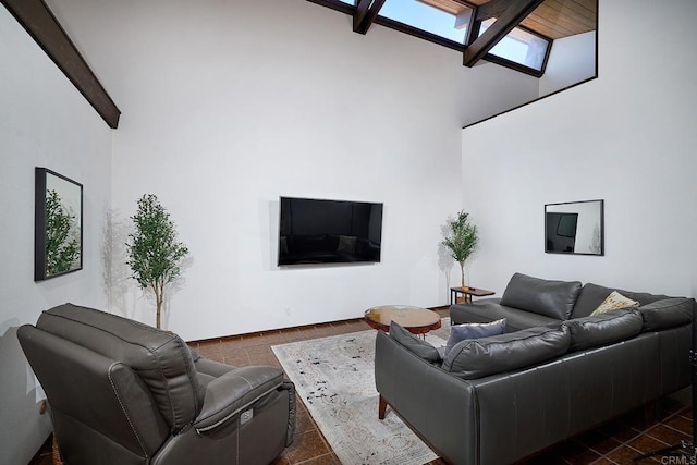 living room featuring high vaulted ceiling and beam ceiling