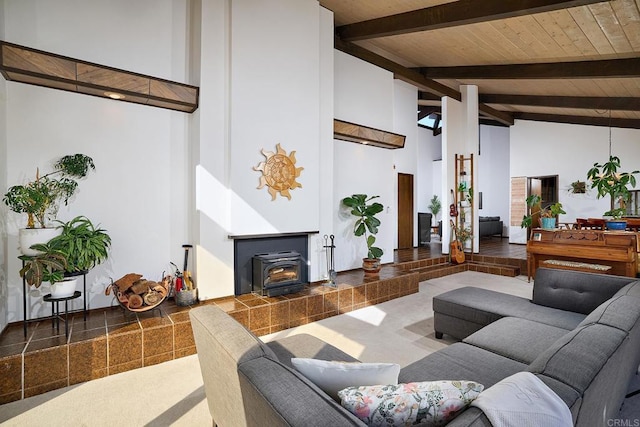 living room featuring high vaulted ceiling, beamed ceiling, wooden ceiling, and a wood stove