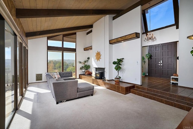 living area with high vaulted ceiling, beamed ceiling, wooden ceiling, and a notable chandelier