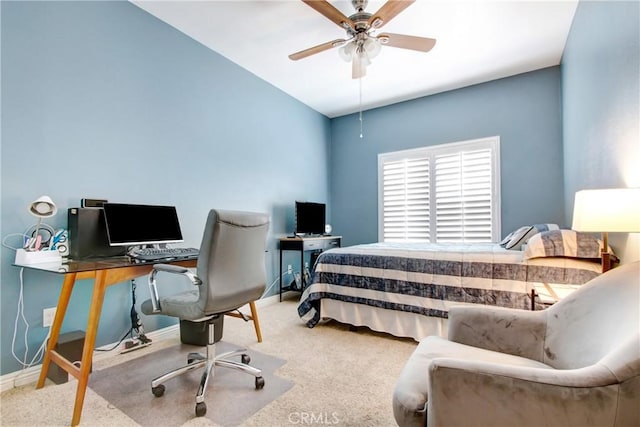 bedroom featuring ceiling fan, baseboards, and carpet flooring