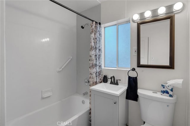 bathroom with toilet, vanity, and shower / bathtub combination with curtain