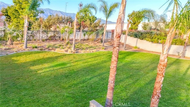 view of yard featuring a fenced backyard and a mountain view