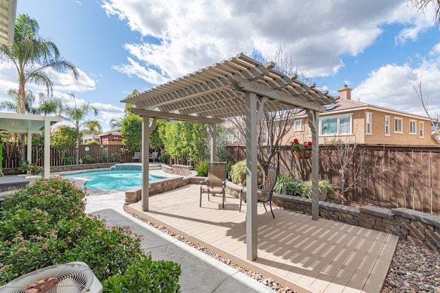 view of swimming pool featuring central AC unit, a fenced backyard, a fenced in pool, a pergola, and a patio area