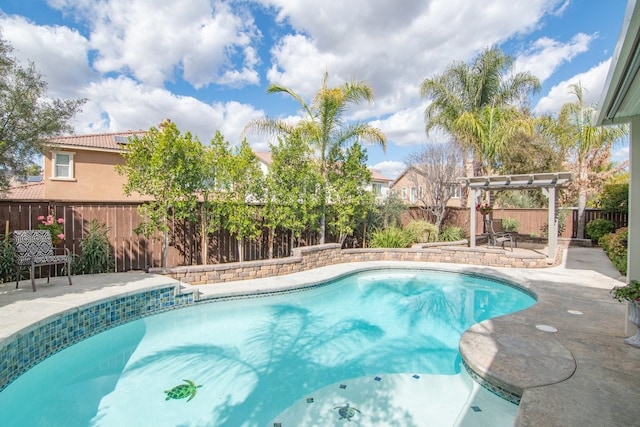 view of pool featuring a patio, a fenced backyard, a fenced in pool, and a pergola