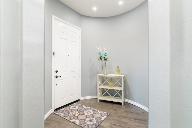 entryway with baseboards and wood finished floors