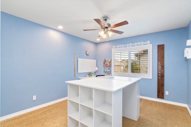 office area with baseboards, ceiling fan, recessed lighting, and light colored carpet