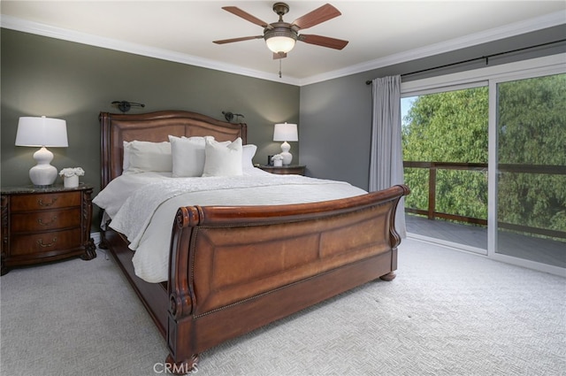 bedroom featuring access to exterior, ornamental molding, a ceiling fan, and light colored carpet