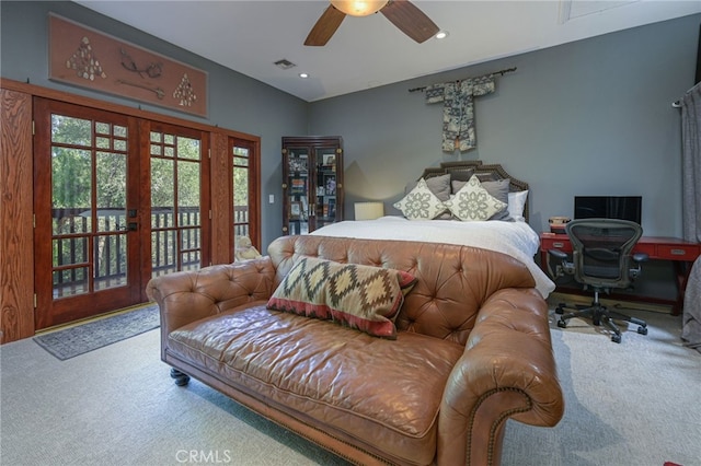 bedroom featuring recessed lighting, visible vents, access to outside, french doors, and carpet