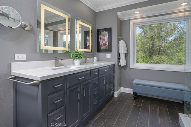 bathroom featuring a sink, baseboards, ornamental molding, wood tiled floor, and double vanity