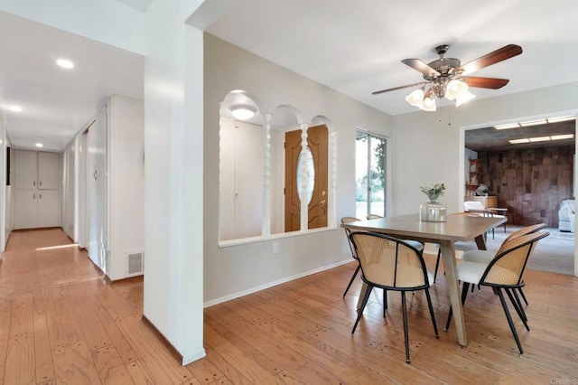 dining space featuring light wood finished floors, visible vents, baseboards, ceiling fan, and recessed lighting