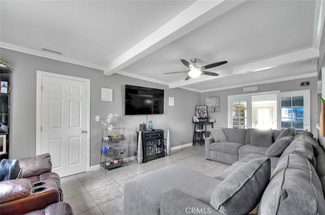 tiled living room featuring baseboards, visible vents, a ceiling fan, ornamental molding, and beamed ceiling