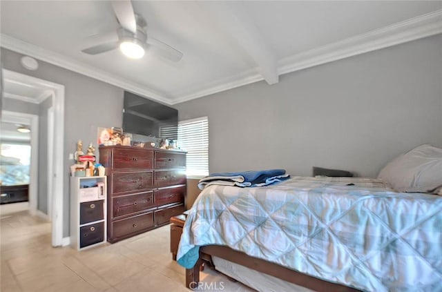 bedroom with ornamental molding, beam ceiling, light tile patterned floors, and a ceiling fan