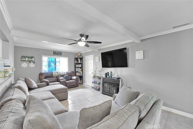 living room featuring light tile patterned floors, visible vents, baseboards, beamed ceiling, and crown molding