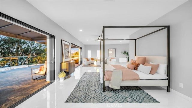 bedroom with recessed lighting, baseboards, and access to outside