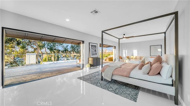 bedroom with access to outside, visible vents, and recessed lighting