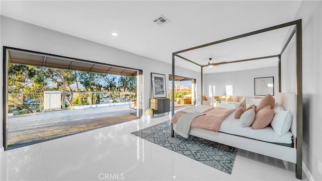 bedroom featuring access to exterior, recessed lighting, and visible vents