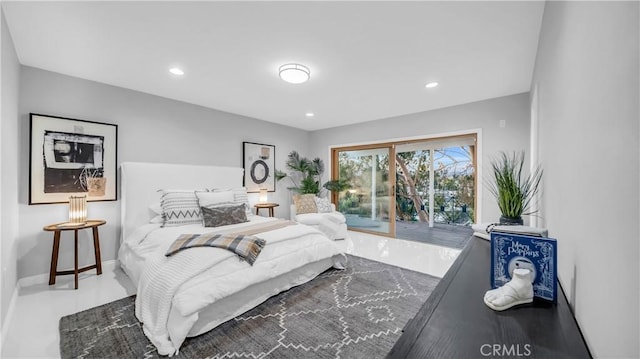 bedroom with access to outside, baseboards, and recessed lighting