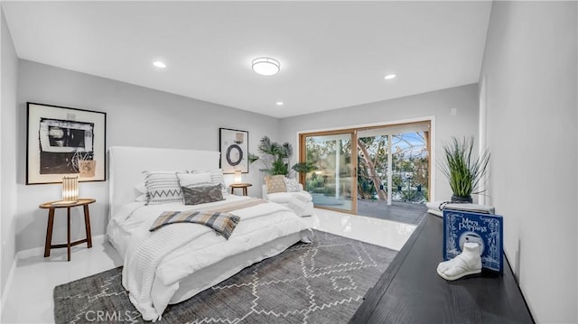 bedroom with recessed lighting, baseboards, and access to outside