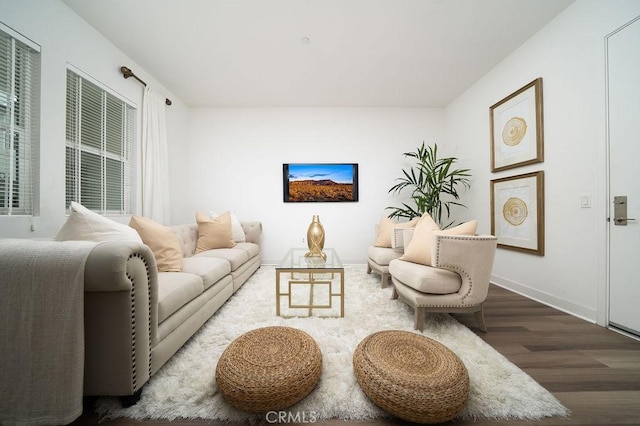 living room featuring wood finished floors and baseboards