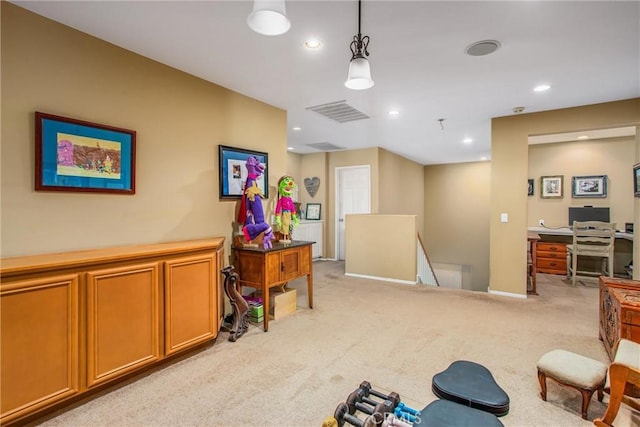 interior space with recessed lighting, visible vents, baseboards, and light colored carpet