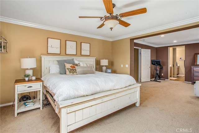 bedroom featuring ensuite bathroom, recessed lighting, light carpet, baseboards, and crown molding