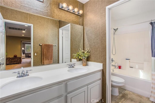 31255 Nice Ave, Mentone, CA 92359 - full bath with double vanity, toilet, and shower / bath combo with shower curtain