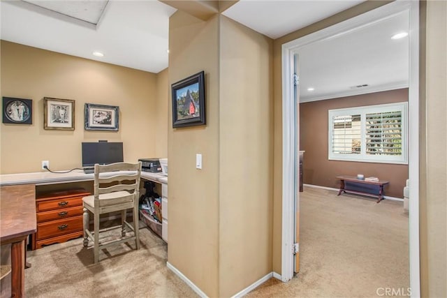 carpeted home office featuring visible vents, baseboards, and recessed lighting