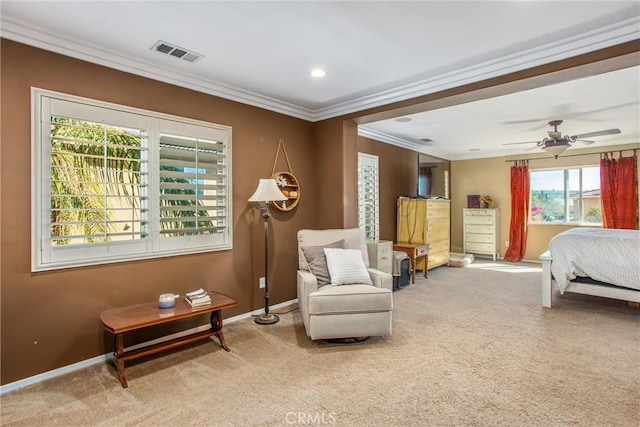 bedroom featuring carpet floors, visible vents, ornamental molding, and baseboards