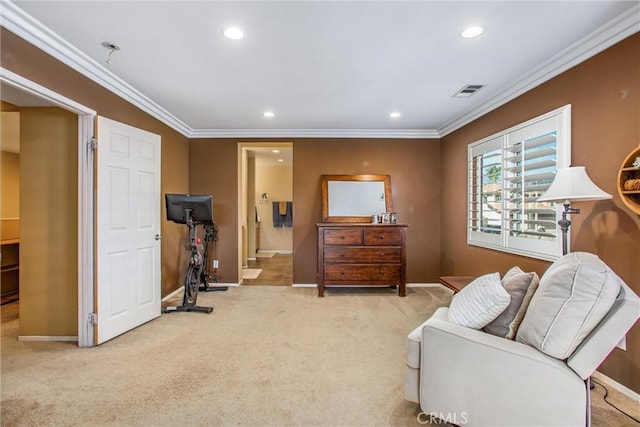 sitting room with recessed lighting, baseboards, crown molding, and light colored carpet