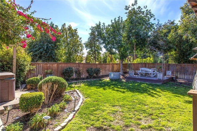 view of yard with a fenced backyard and a deck