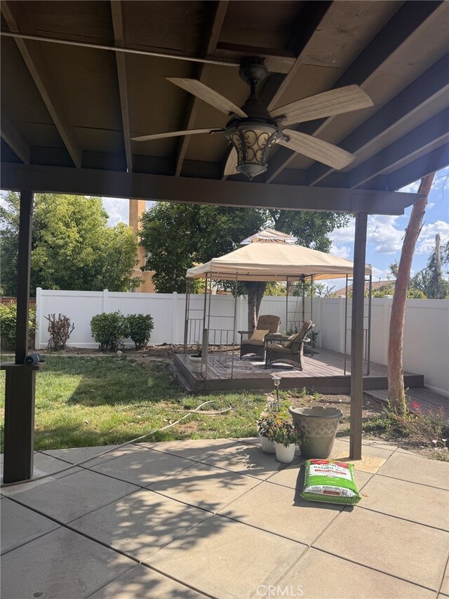 31255 Nice Ave, Mentone, CA 92359 - view of patio with a gazebo, a ceiling fan, and a wooden deck