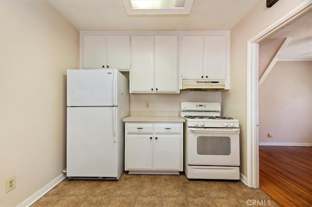 kitchen featuring under cabinet range hood, white appliances, baseboards, white cabinets, and light countertops