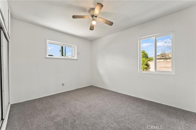 unfurnished room with plenty of natural light, a ceiling fan, and carpet flooring