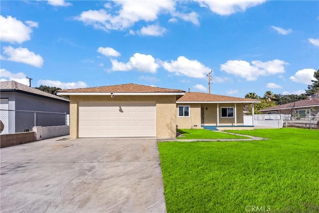 ranch-style home featuring fence, driveway, a front lawn, and stucco siding