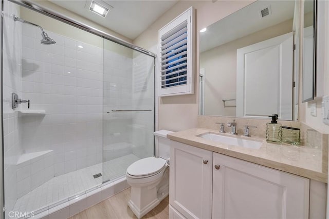 full bath with visible vents, a shower stall, toilet, and vanity