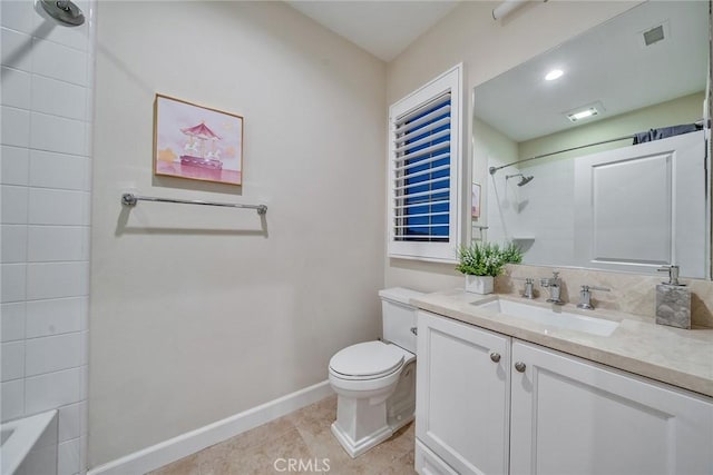 full bathroom featuring visible vents, baseboards, toilet, tile patterned floors, and vanity