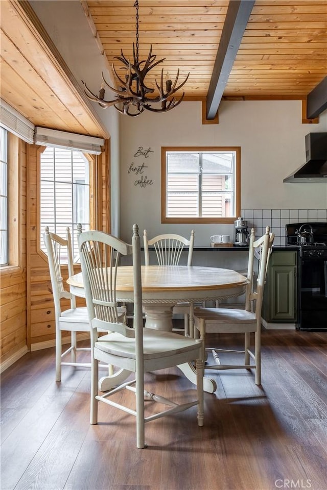 dining space featuring wooden ceiling, wood-type flooring, beam ceiling, and an inviting chandelier