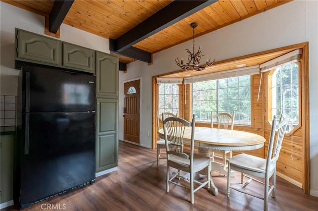 dining space featuring dark wood-style floors, wood ceiling, beam ceiling, and an inviting chandelier