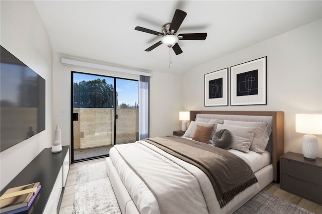 3635 Sierra Cir Unit 22, West Covina, CA 91792 - bedroom with access to exterior, ceiling fan, and light wood finished floors