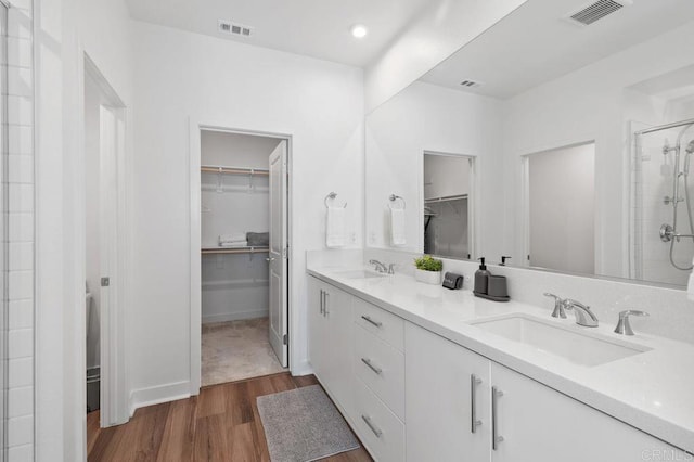 bathroom with a shower stall, visible vents, a walk in closet, and a sink