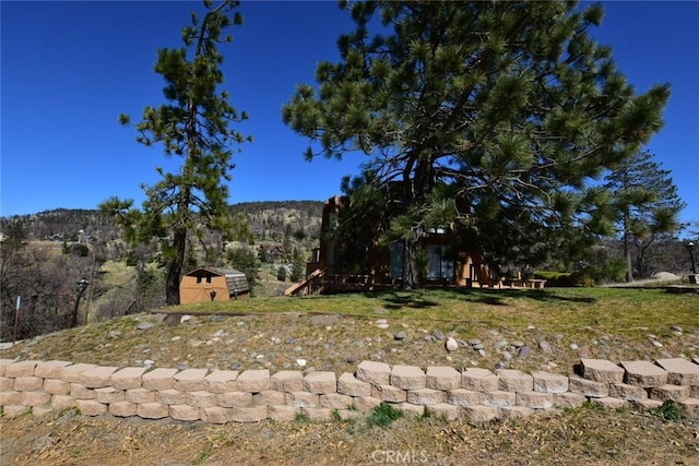 view of yard featuring an outbuilding, a storage shed, and a view of trees