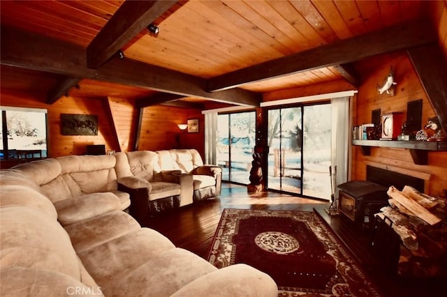 living area featuring wooden ceiling, beamed ceiling, wooden walls, and hardwood / wood-style flooring