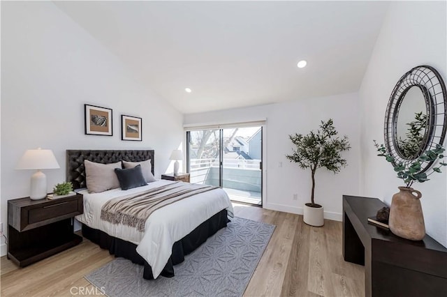 bedroom featuring baseboards, access to exterior, vaulted ceiling, light wood-type flooring, and recessed lighting