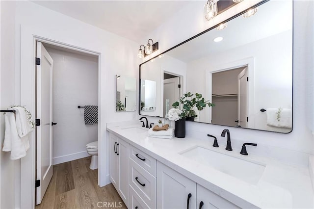 bathroom featuring double vanity, wood finished floors, a sink, and toilet