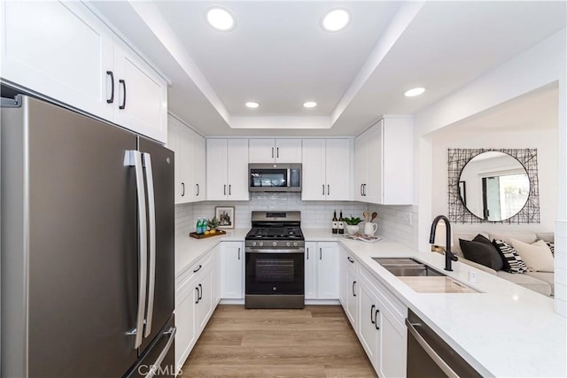 kitchen with light wood finished floors, a tray ceiling, stainless steel appliances, light countertops, and a sink