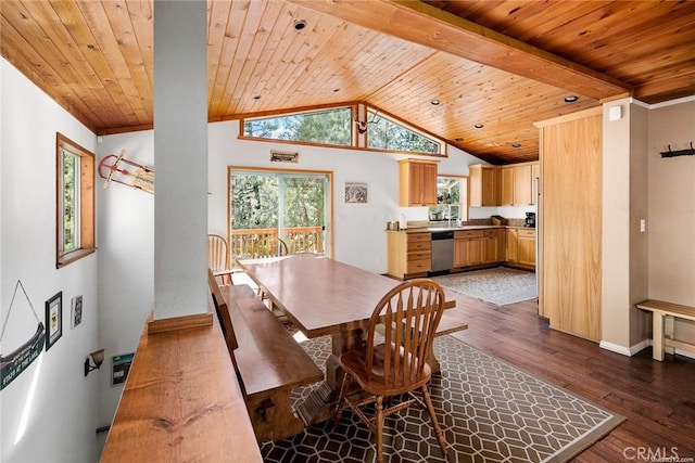 dining area featuring baseboards, wood finished floors, wooden ceiling, and vaulted ceiling with beams