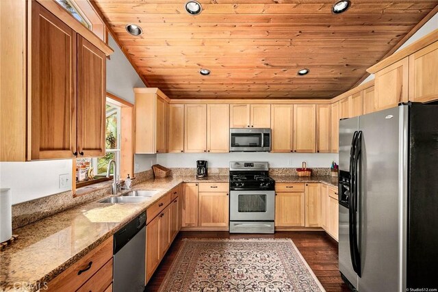 kitchen with light brown cabinetry, wood ceiling, appliances with stainless steel finishes, and a sink